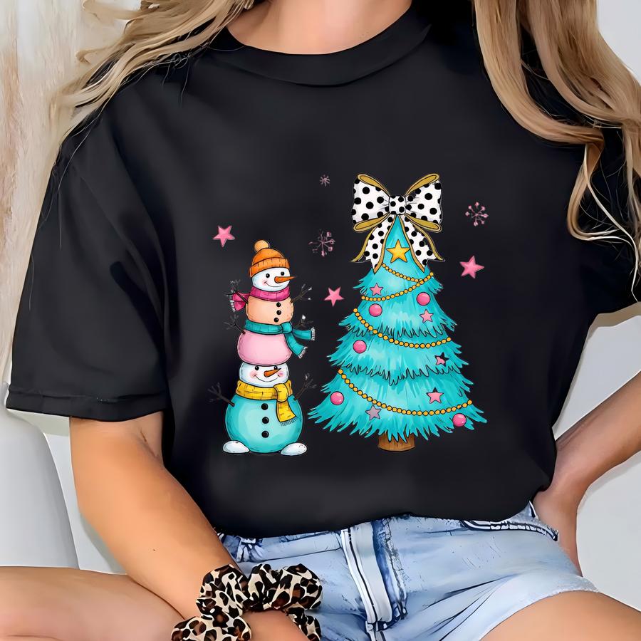 Girly Snowman Christmas Sweatshirt, Turquoise Pink Holiday Crewneck With Bow, Preppy Christmas Tree Pullover, Cute Cozy Winter Outfit T-shirt