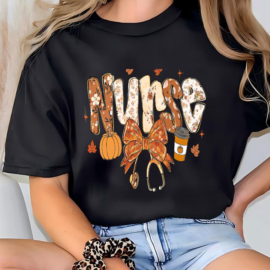 Fall Nurse Shirt,floral Autumn Pumpkin Nurse Tee,cozy Seasonal Nurse Outfit For Work Thanksgiving Medical Worker Gift T-shirt