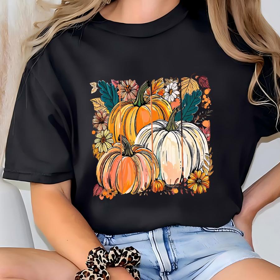 ® Boho Fall Floral Hoodie, Retro Pumpkin Aesthetic Shirt, Autumn Mood Shirt, Vintage Graphic Pumpkin Tee, Cozy Fall Gift T-shirt