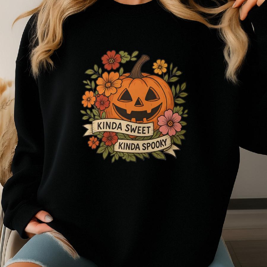 Floral Halloween Pumpkin Tee: Kinda Sweet Kinda Spooky Cotton Shirt Sweatshirt