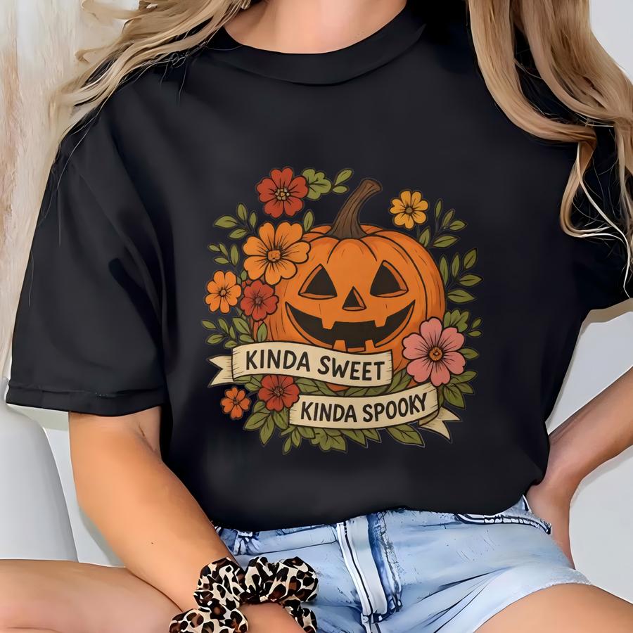 Floral Halloween Pumpkin Tee: Kinda Sweet Kinda Spooky Cotton Shirt T-shirt