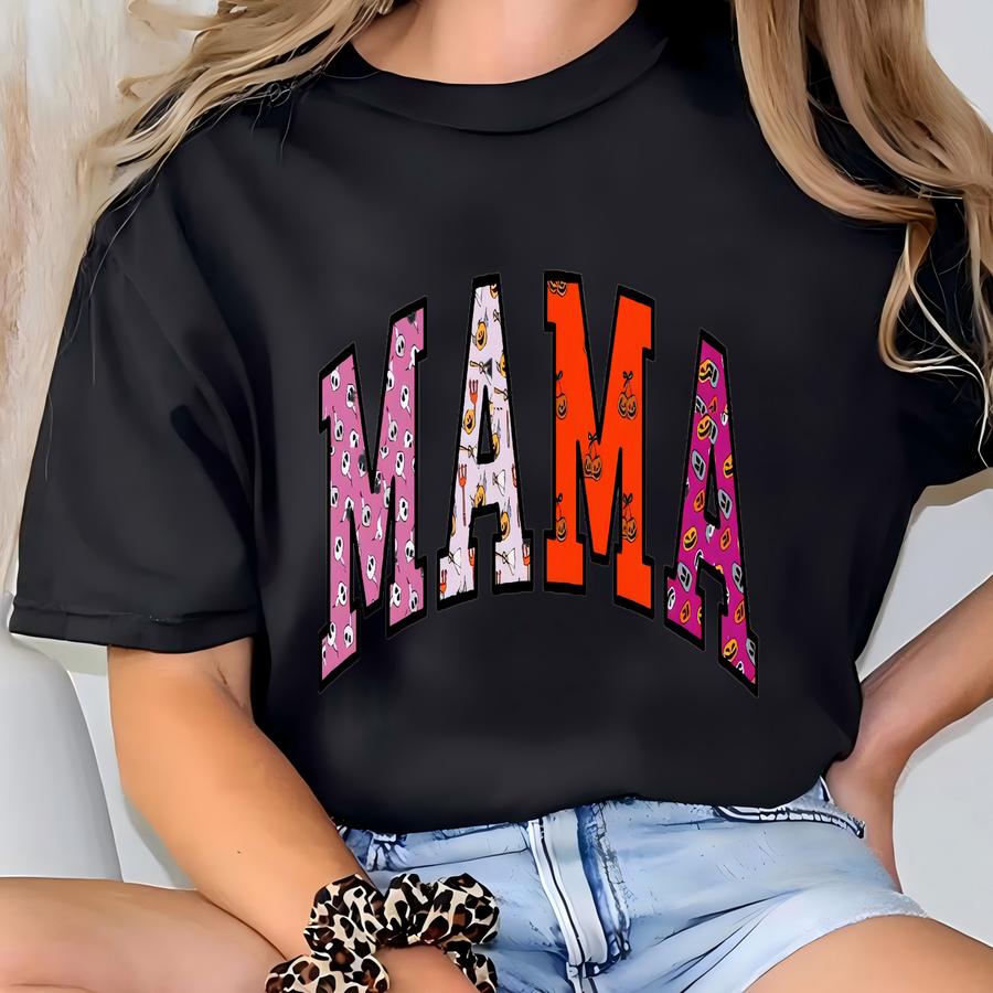 Comfort Color Fall Mama Shirt, Halloween Patchwork Letters Shirt, Pumpkin Leopard Checkered T-shirt