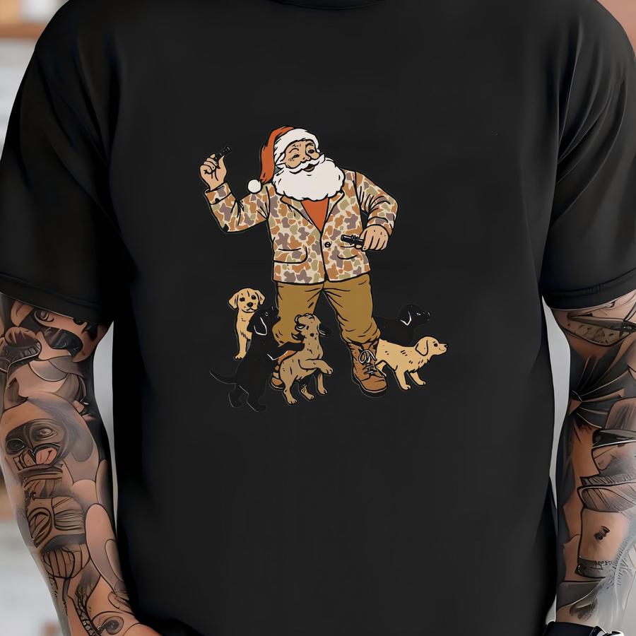 Camo Santa Sweatshirt With Dogs: Christmas Unisex Crewneck T-shirt
