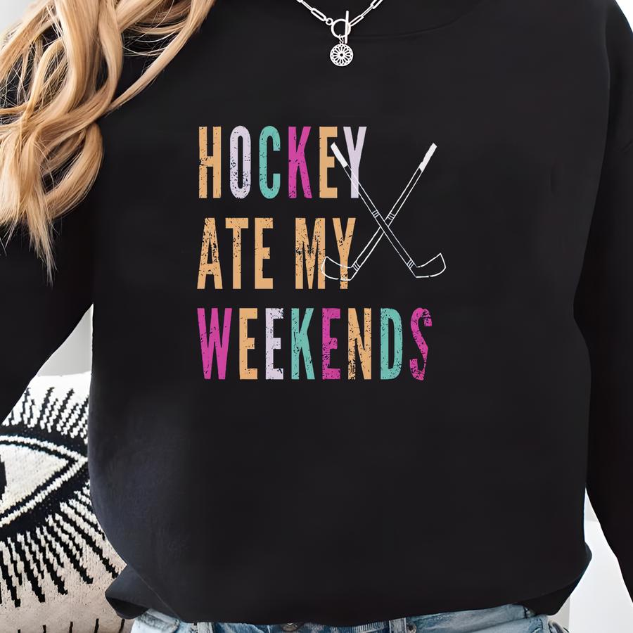Funny Hockey Sweatshirt Hockey Ate My Weekends Sweater Neon Grunge Hockey Pullover Hockey Mom Sweater Gift For Ice Hockey Mama Sweatshirt
