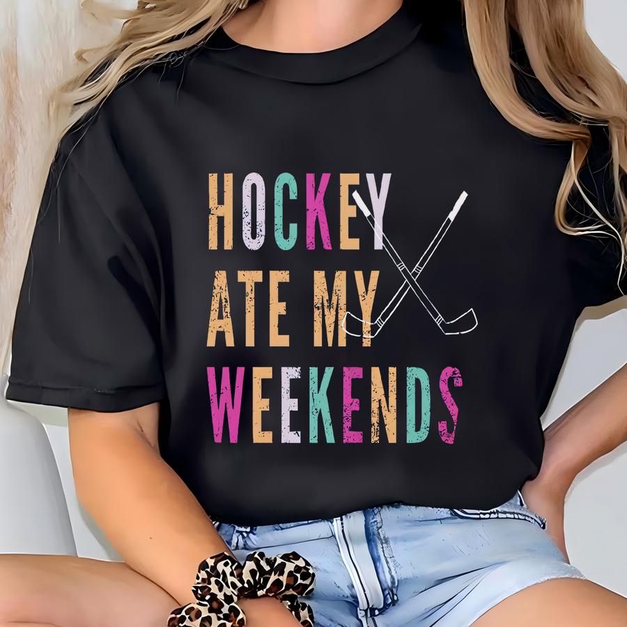 Funny Hockey Sweatshirt Hockey Ate My Weekends Sweater Neon Grunge Hockey Pullover Hockey Mom Sweater Gift For Ice Hockey Mama T-shirt