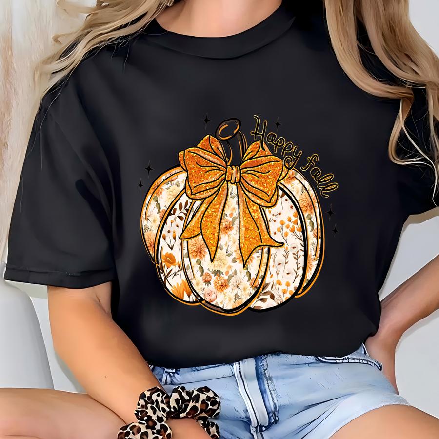 Happy Fall Pumpkin Shirt ®, Preppy Girly Fall Tee, Floral Coquette Pumpkin , Cute Autumn Outfit Top, Pumpkin Patch Shirt T-shirt