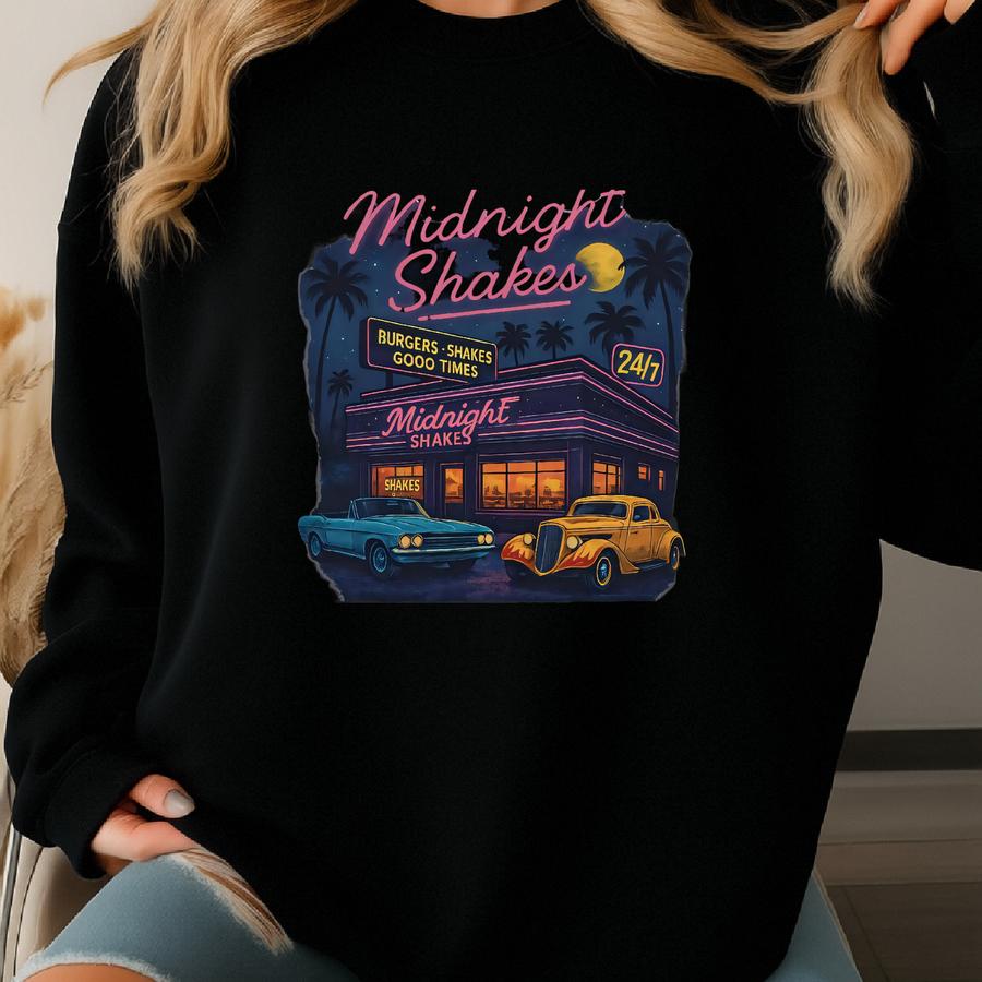 Midnight Shakes T-shirt | 80’s Vintage Diner Neon Cars Unisex Tee Sweatshirt