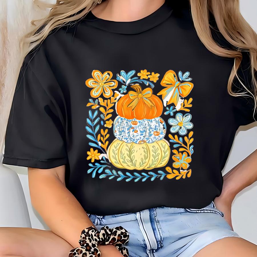 Fall Pumpkin Shirt For Women With Floral Bow Design Autumn Thanksgiving Outfit Cute Fall Graphic Tee Rustic Pumpkin Hoodie T-shirt