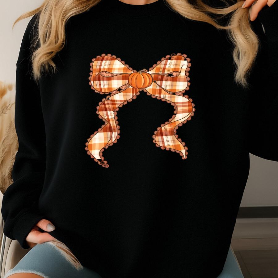 Checkered Bow With Pumpkin Fall Thanksgiving T-shirt Sweatshirt