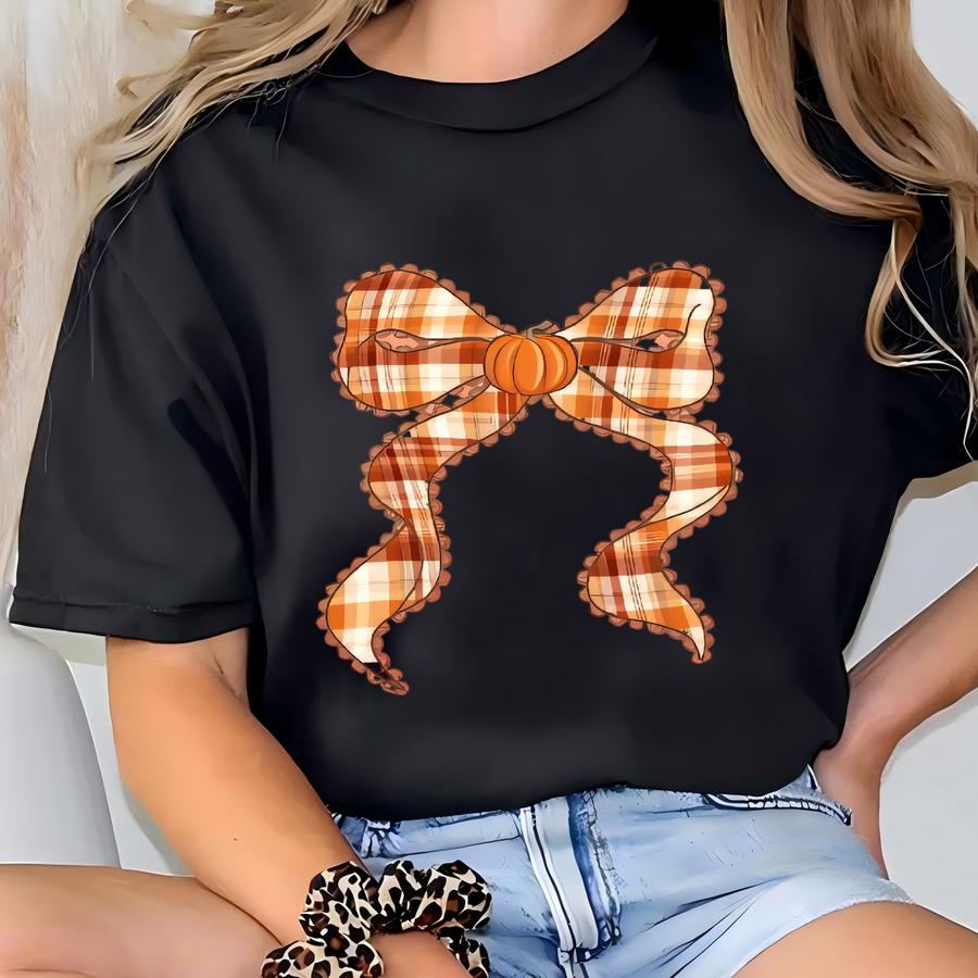 Checkered Bow With Pumpkin Fall Thanksgiving Hoodie T-shirt