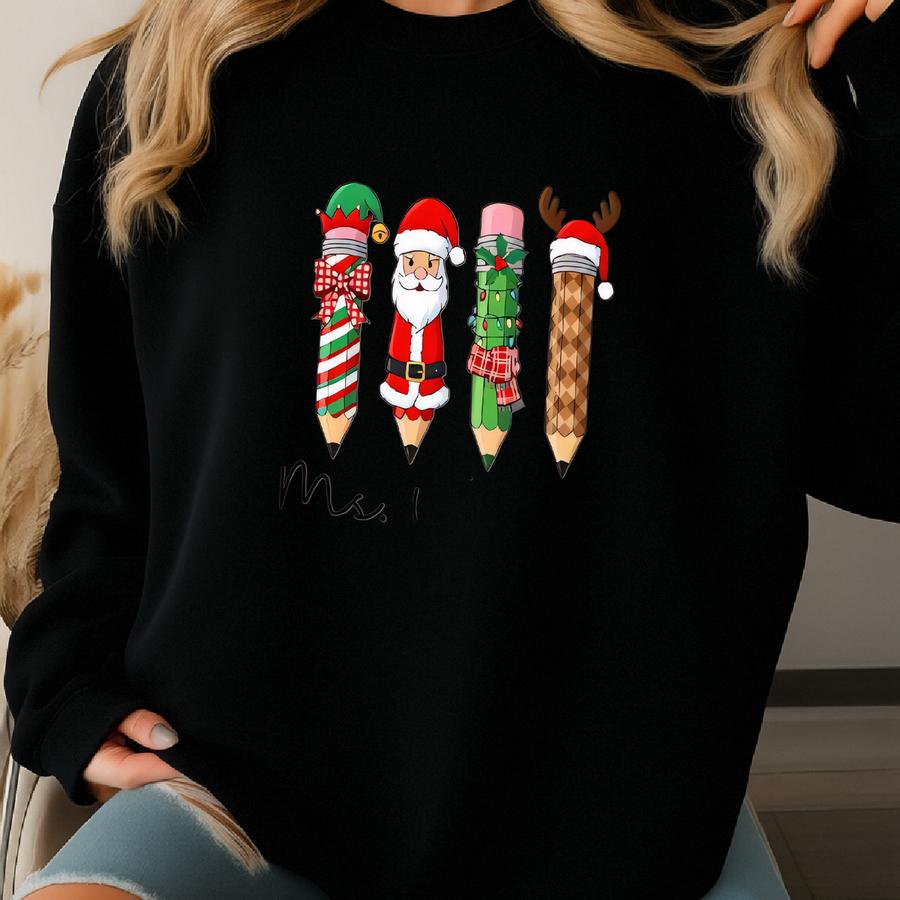 Custom Christmas Teacher, Personalized Christmas Teacher Tee, Christmas Gift, Teacher Gift, Xmas Teacher, Pencil Rainbow Sweatshirt