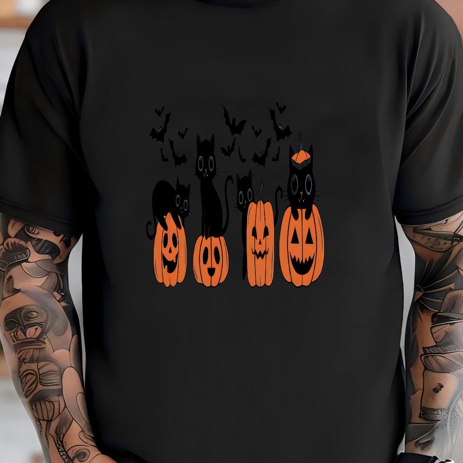 Black Cats Pumpkin Crop Top, Cute Halloween Shirt With Cats, Pumpkins And Bats T-shirt