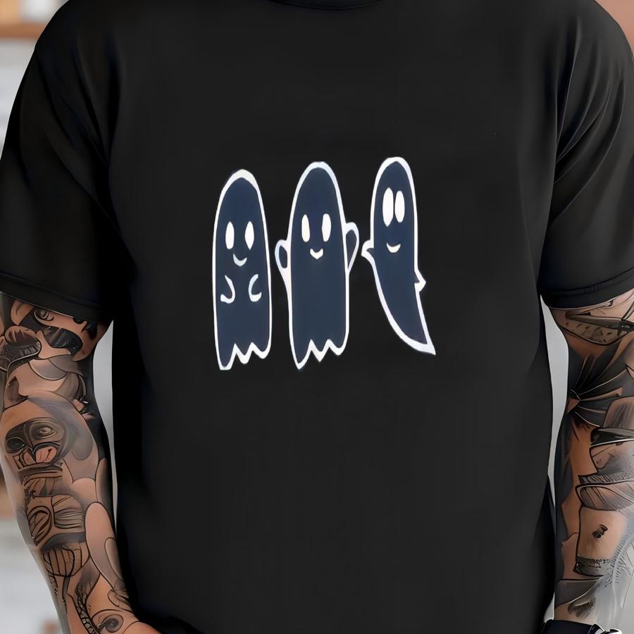 Minimalist Ghost Crop Top, Halloween Shirt With Pocket Style Ghost Trio T-shirt