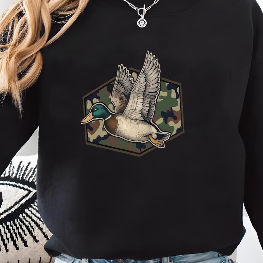 Camo Flying Mallard Duck Sweatshirt: Hunting Season Hoodie Sweatshirt