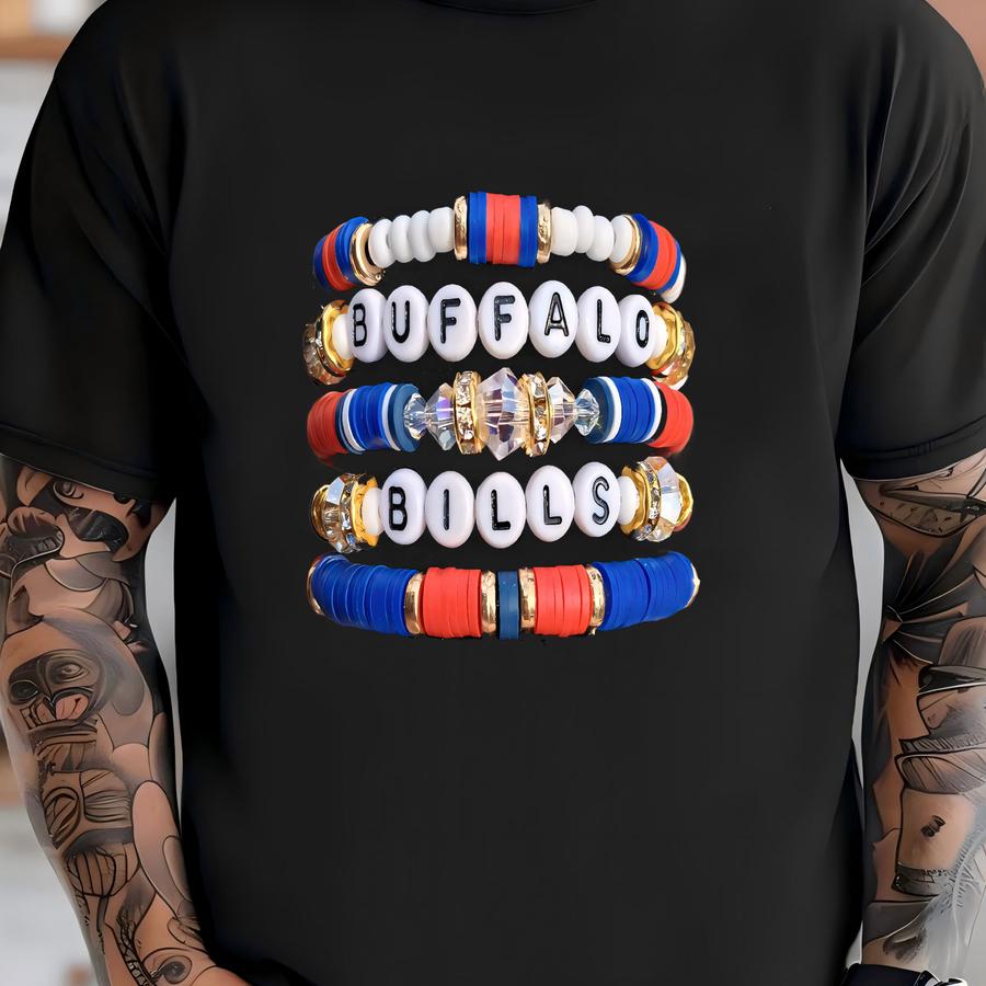 Full Stack Bills Heishi Bracelet Stack Buffalo Rhinestone Game Day Jewelry T-shirt
