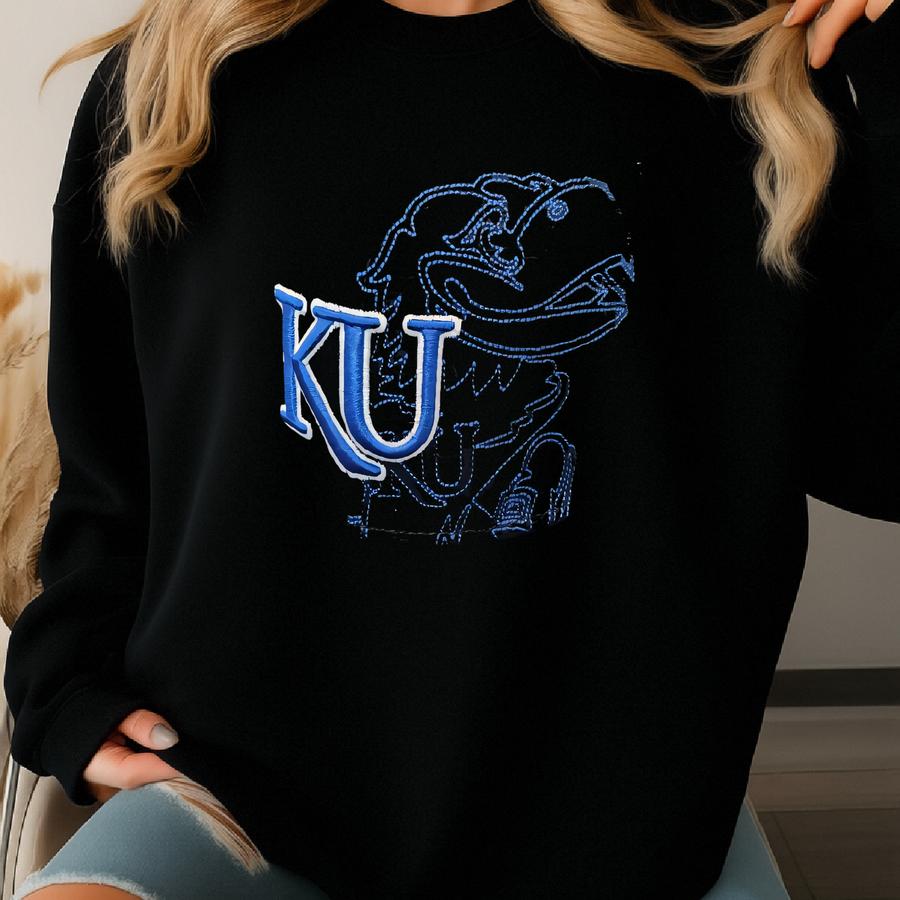 Vintage Kansas University Jayhawks Fitted Hat Cap 90s Ku Black Blue Flat Bill Sweatshirt