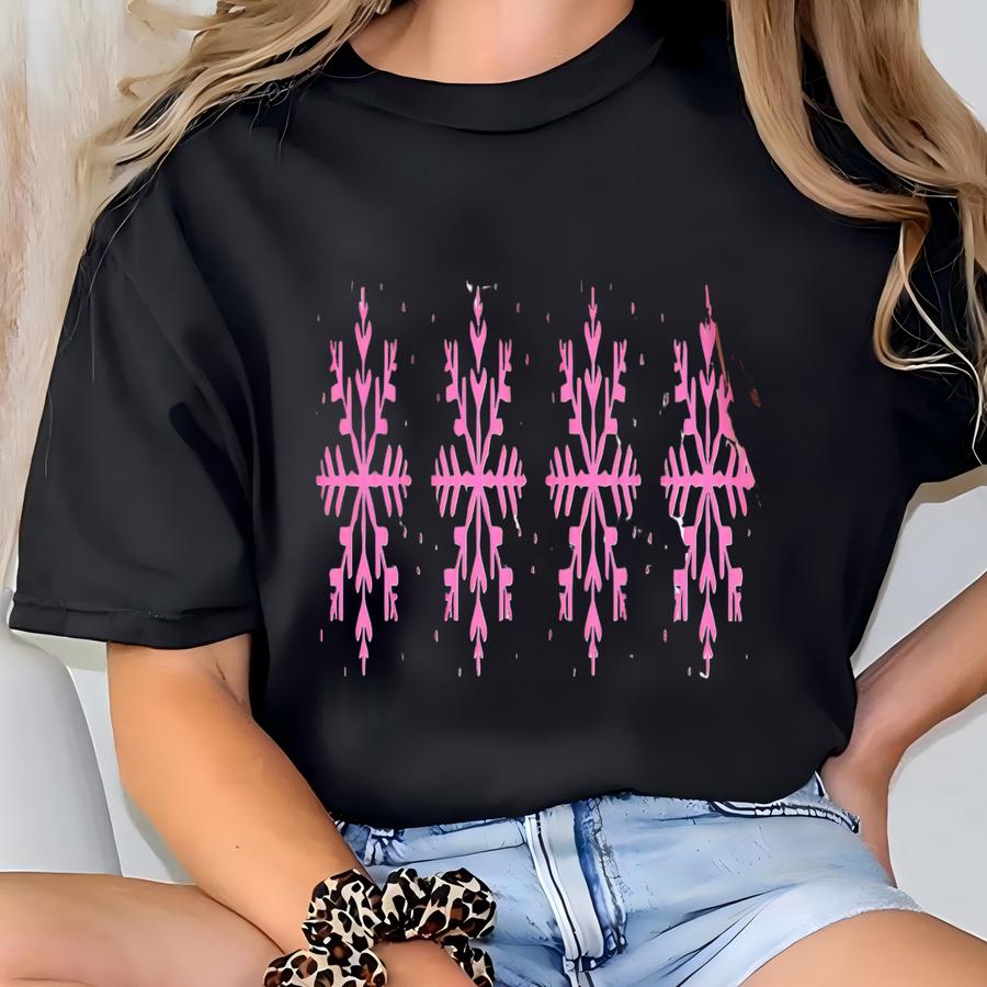 Pink Snowflake Christmas Sweatshirt, Pink Christmas Sweater, Cute Snowflake Shirt, Mom Gift, Gift For Her, Winter Sweatshirt, Cozy Sweater T-shirt