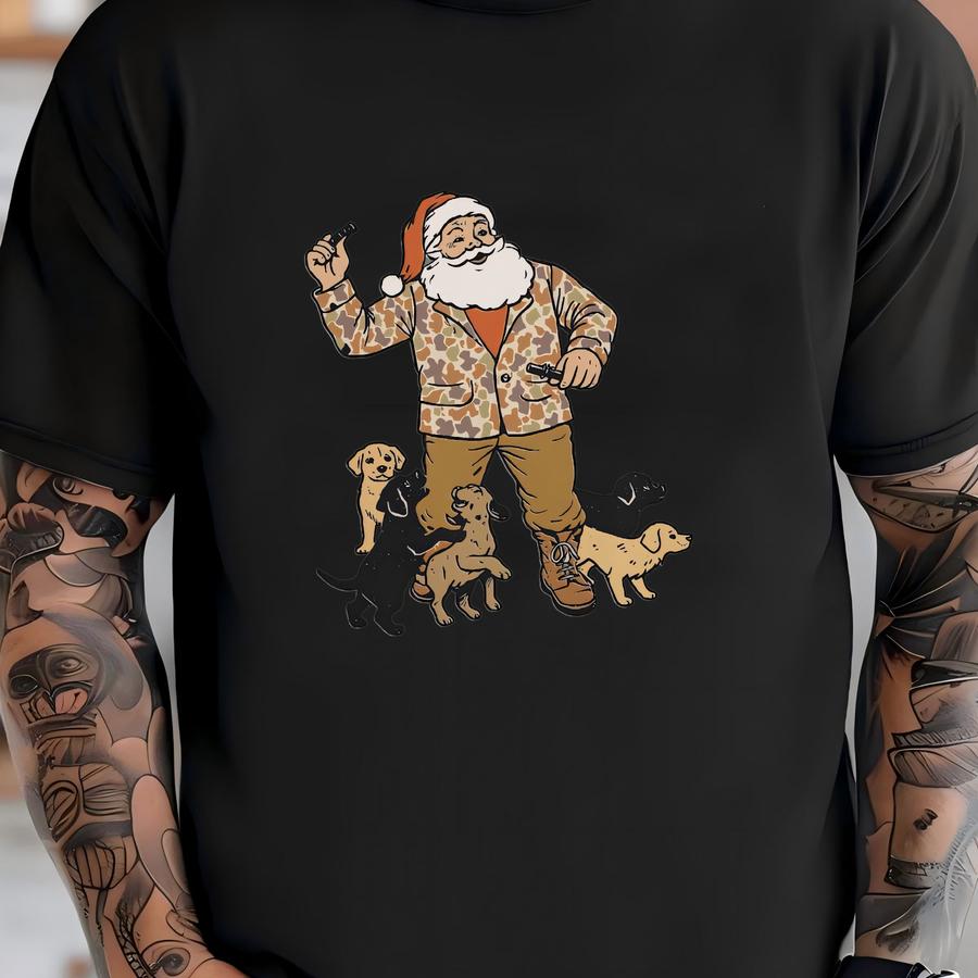 Camo Santa Dog Hoodie: Vintage Christmas Unisex Graphic T-shirt