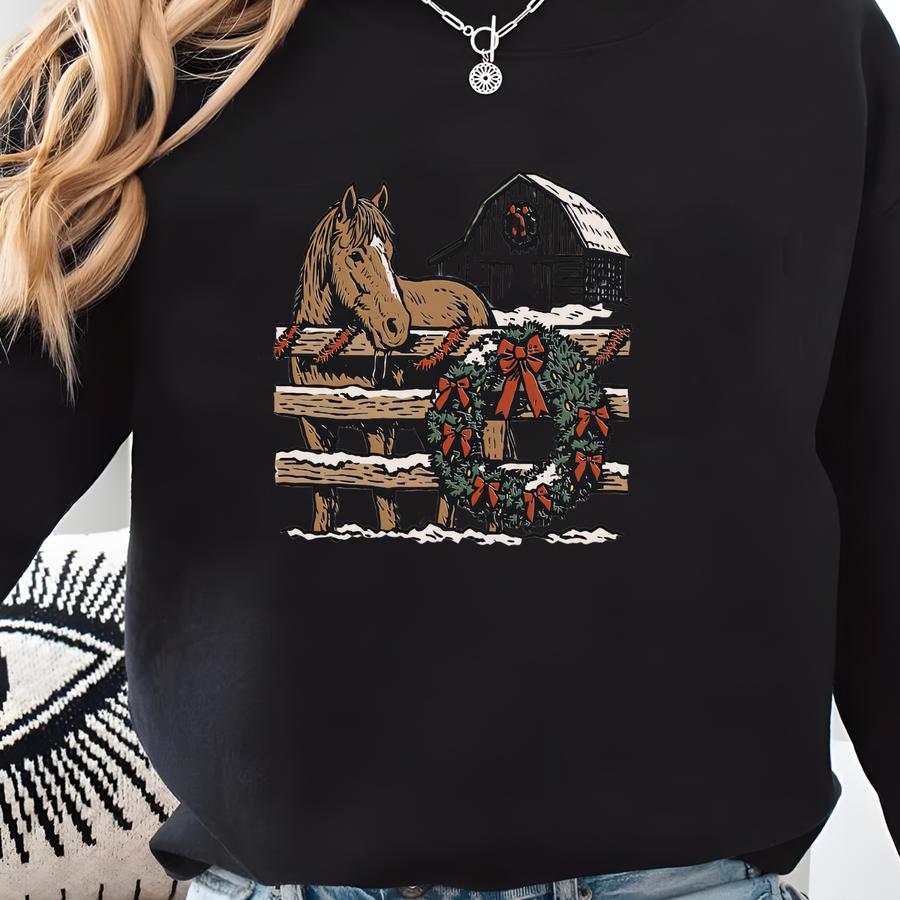 Horse Christmas T-shirt: Barn Wreath Farmhouse Unisex Graphic Sweatshirt