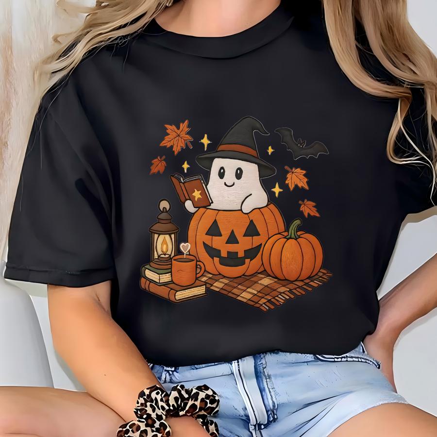 Fall Ghost Sweatshirt, Bookish Halloween, Autumn Cozy Season Sweatshirt, Pumpkin Mushroom Sweater, Fall Apparel T-shirt