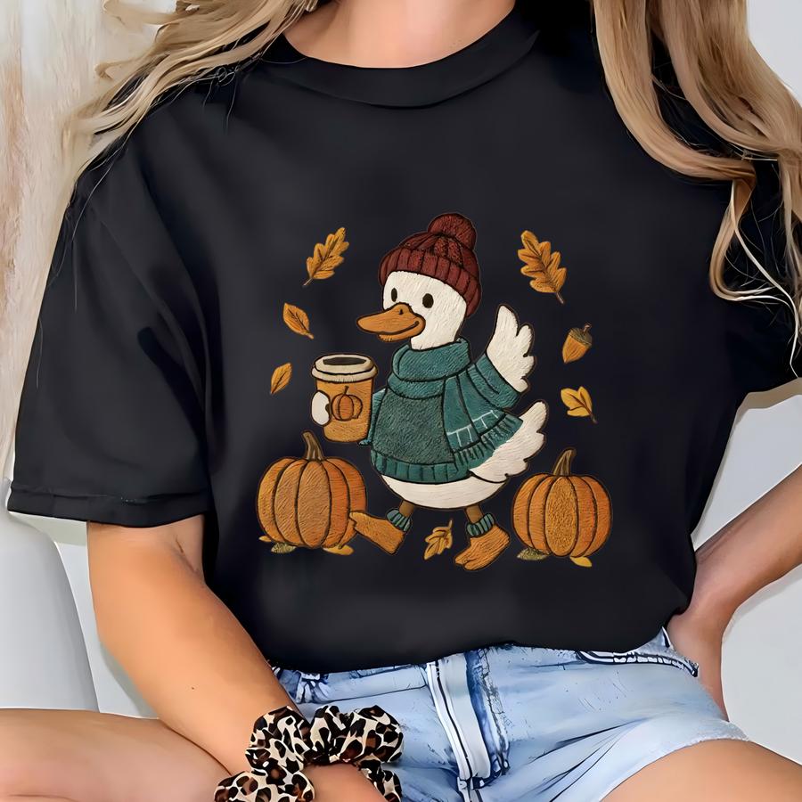 Faux Fall Goose Sweatshirt, Cozy Fall Tee, Autumn Shirt, Cute Goose Shirt, Pumpkin Tshirt, Just A Fall Goose Hoodie T-shirt