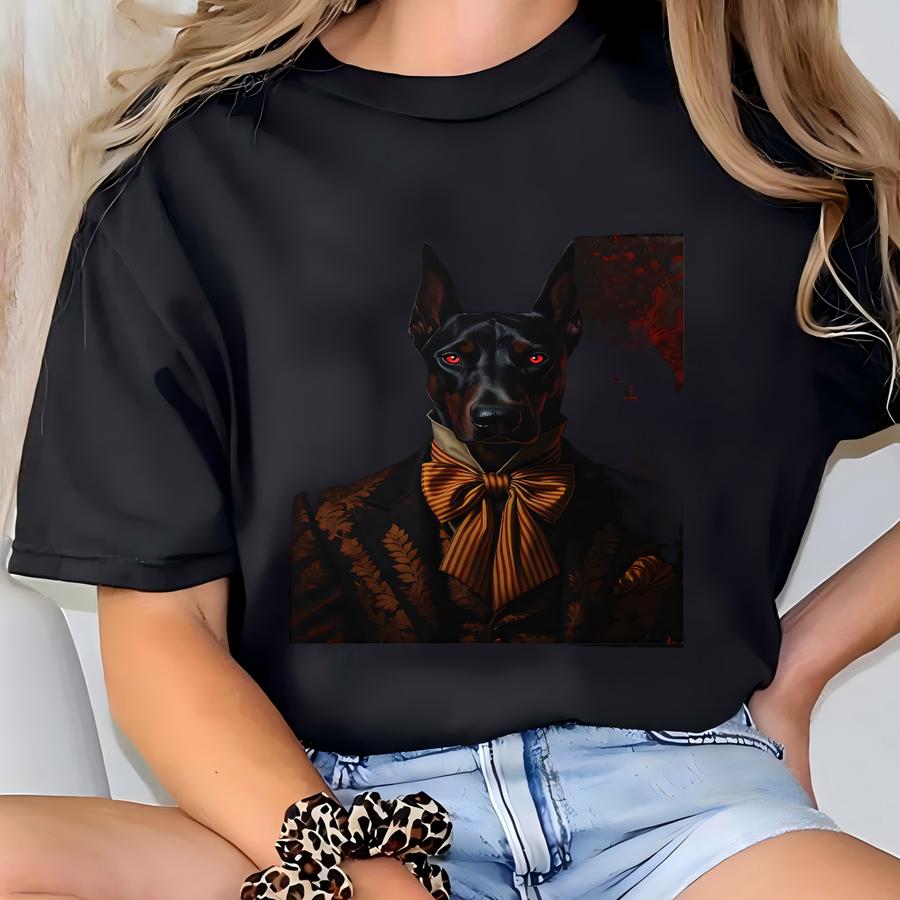 Doberman Framed Poster: Canine Portrait, Dark Academia, Dapper Dog T-shirt