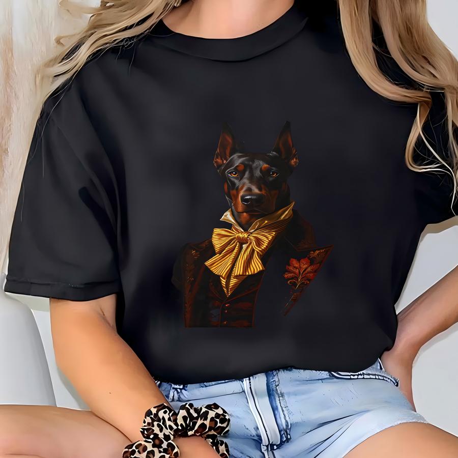 Doberman Framed Poster: Elegant Dog Portrait, Regal Attire, Classic Style T-shirt