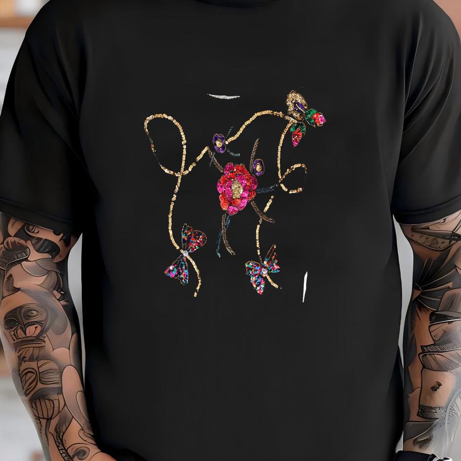 Vintage 90s Sweater Womens Med Sequins Black Floral Glam Rock Knit Embellished T-shirt