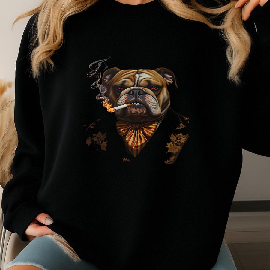 Framed Poster: Bulldog Smoking, Red Eyes, Elegant Bowtie, Dark Art Sweatshirt