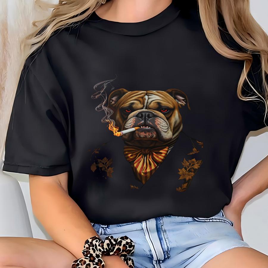 Framed Poster: Bulldog Smoking, Red Eyes, Elegant Bowtie, Dark Art T-shirt