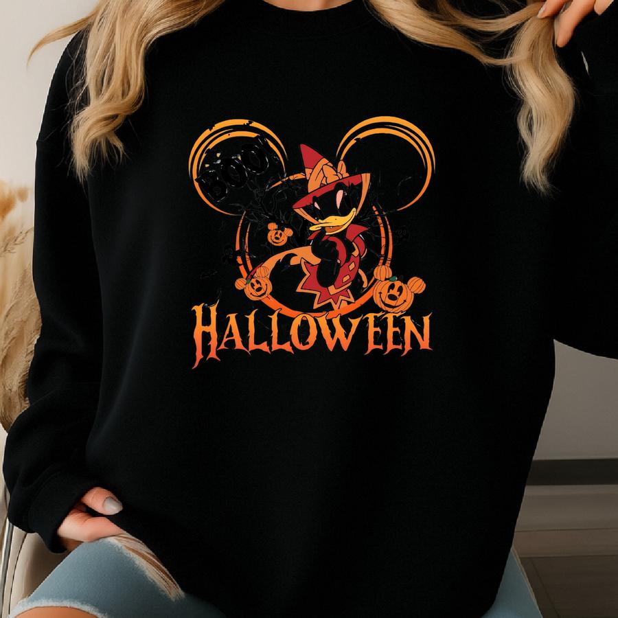 Halloween Sweatshirt Boo Graphic, Cute Witch Duck Pumpkin Spider Web Fall Sweater, Spooky Season Crewneck Unisex Sweatshirt