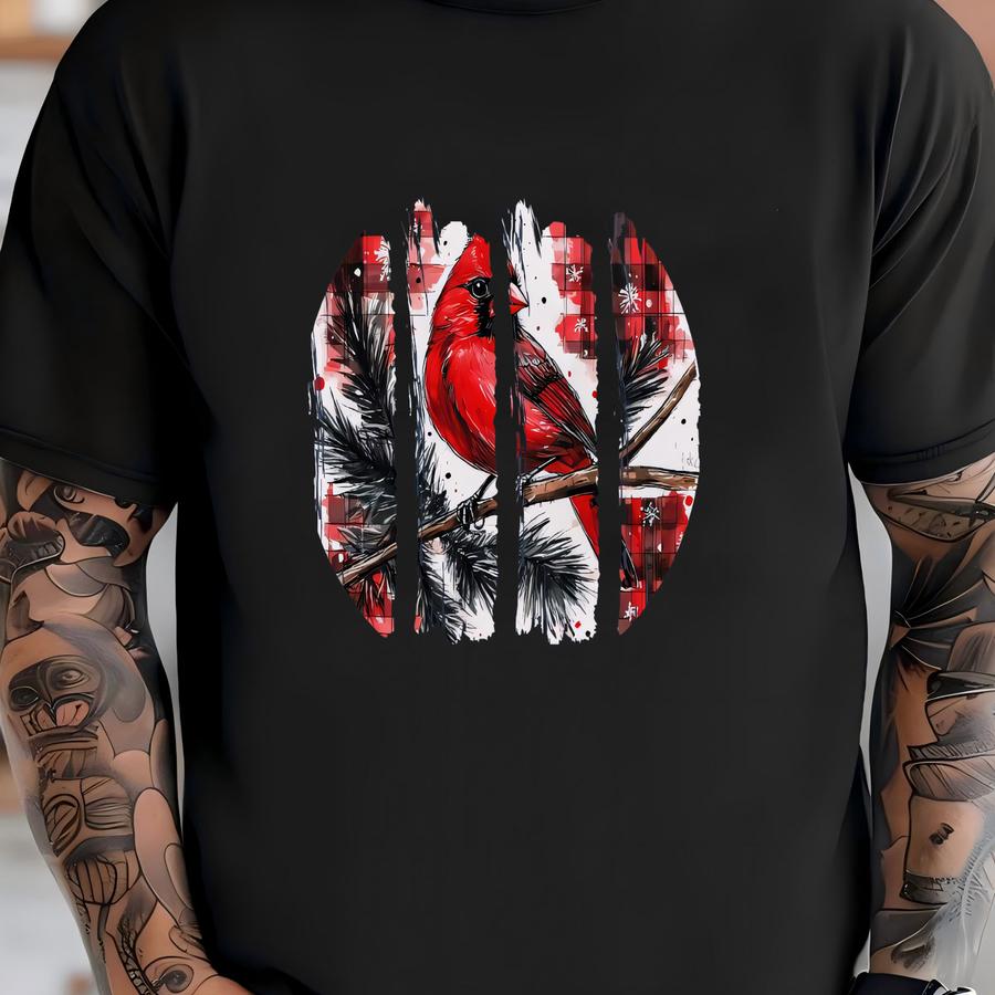 Christmas Shirt With Red Bird Cardinal Design, Nature Lovers Gift, Brushstroke Shirt, Winter Garment Dyed Shirt, Gift For Her T-shirt