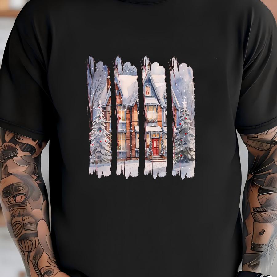 Christmas Shirt With Holiday Scene Design, Nature Lovers Gift, Brushstroke Shirt, Winter Garment Dyed Shirt, Gift For Her T-shirt