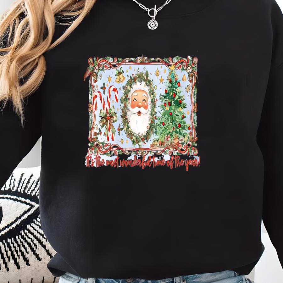 Cute Christmas Sweatshirt, It's The Most Wonderful Time Of The Year Shirt, Coquette Frame Red Bow Candy Cane Gingerbread Xmas Kids Girly Sweatshirt