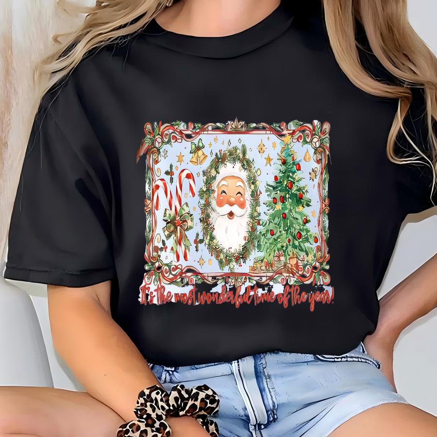 Cute Christmas Sweatshirt, It's The Most Wonderful Time Of The Year Shirt, Coquette Frame Red Bow Candy Cane Gingerbread Xmas Kids Girly T-shirt