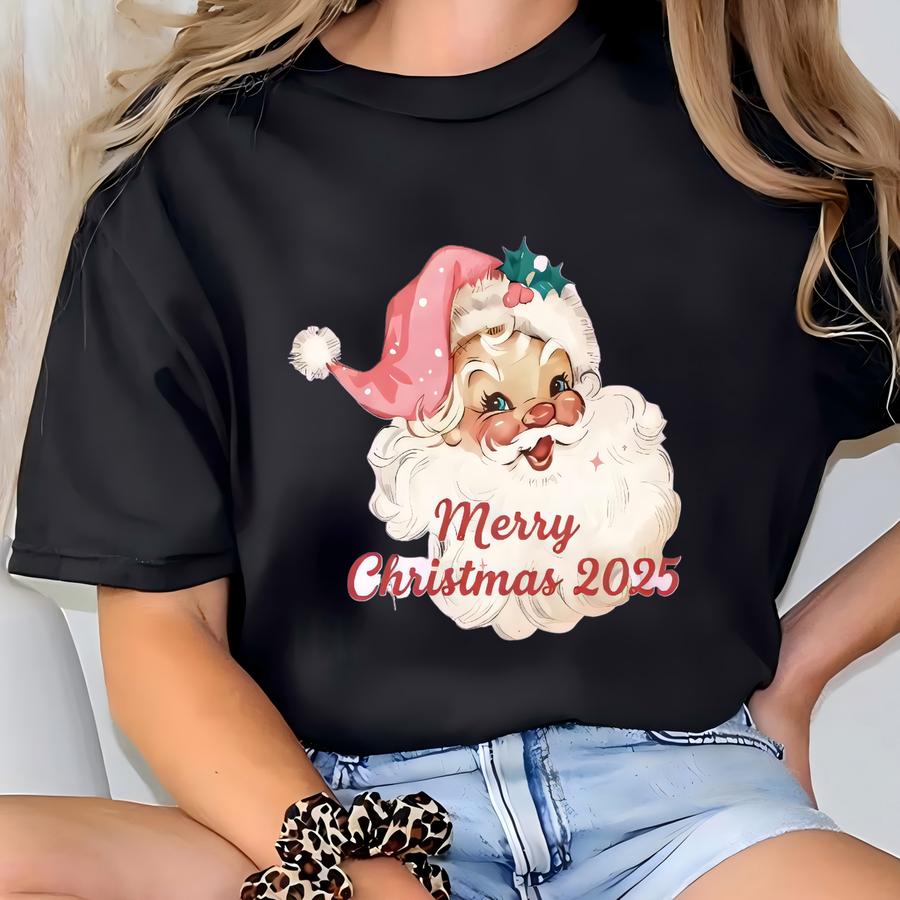Retro Pink Santa Merry Christmas 2025 Sweatshirts, Pink Christmas Matching Family Sweaters, Vintage Holiday Crewneck, Group Party Shirt T-shirt