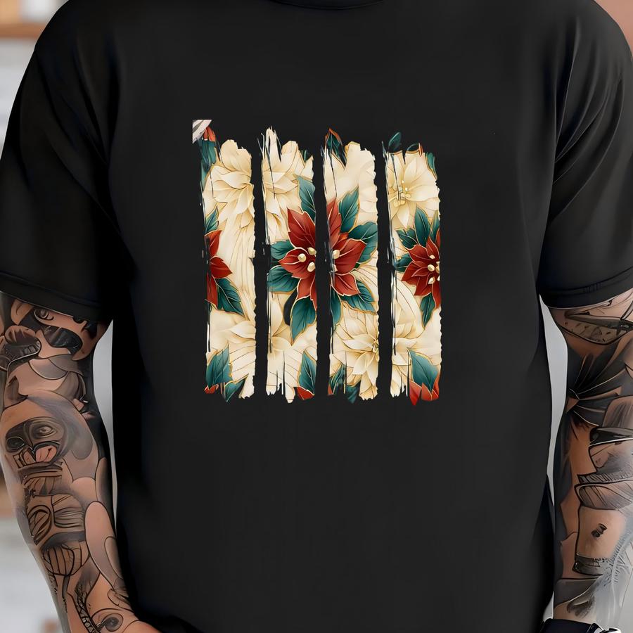 Christmas Shirt With Poinsetta Design, Nature Lovers Gift, Brushstroke Shirt, Winter Garment Dyed Shirt, Gift For Her T-shirt