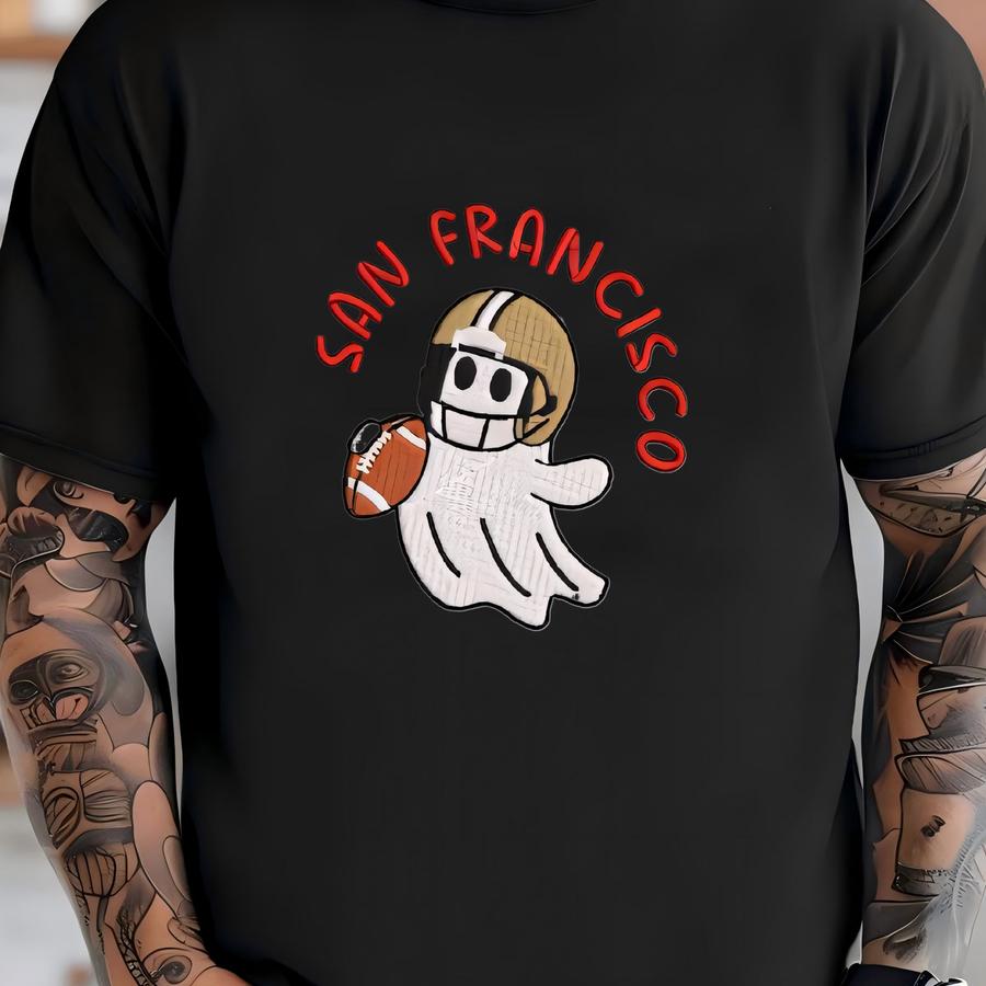 San Francisco Ghost Football Quarter Zip Sweatshirt: Cozy Game Day, Halloween Pullover T-shirt