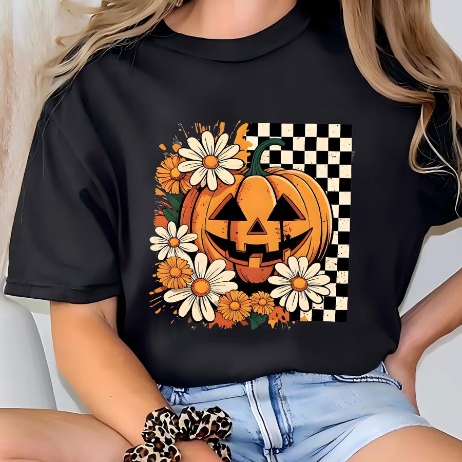 Floral Pumpkin Fall Shirt, Boho Pumpkin Sweatshirt, Pumpkin Halloween Shirt, Checkered Pumpkin Fall Shirt,fall Halloween Shirt, Autumn Shirt T-shirt