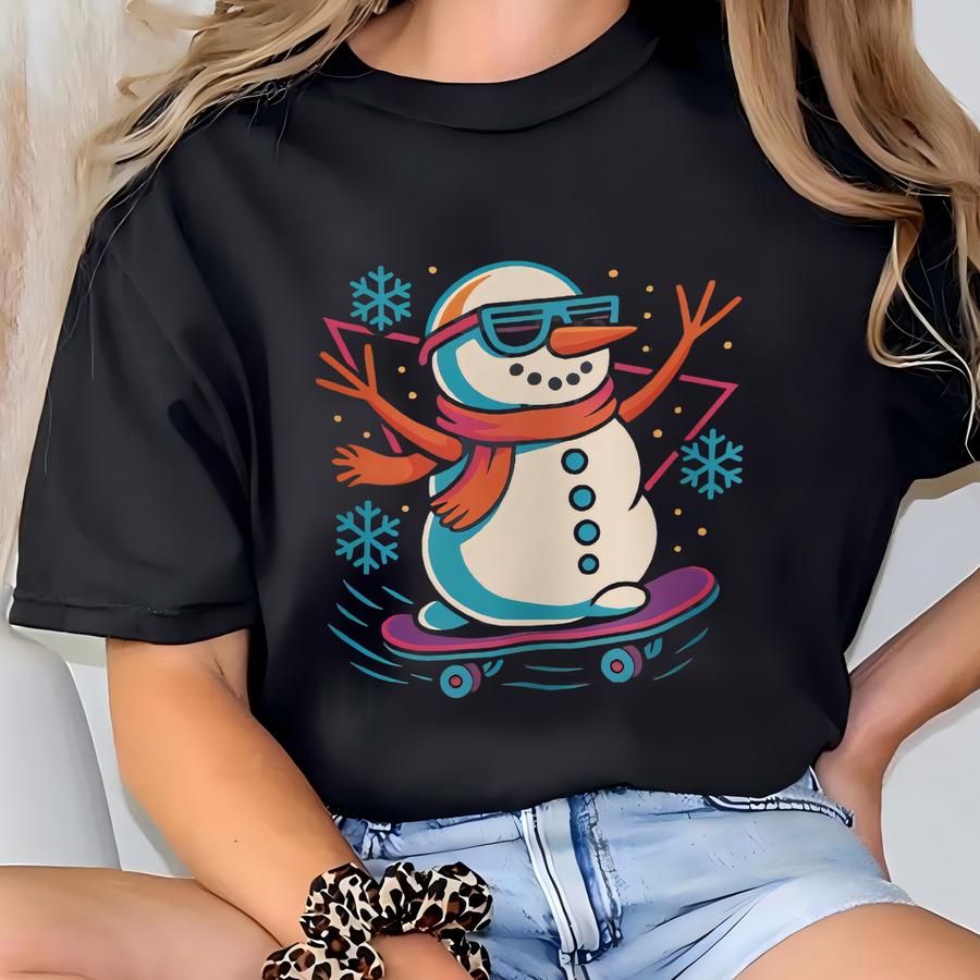 Christmas Sweatshirt | Retro Snowman Skateboard Crewneck | Funny Holiday Sweater Gift T-shirt