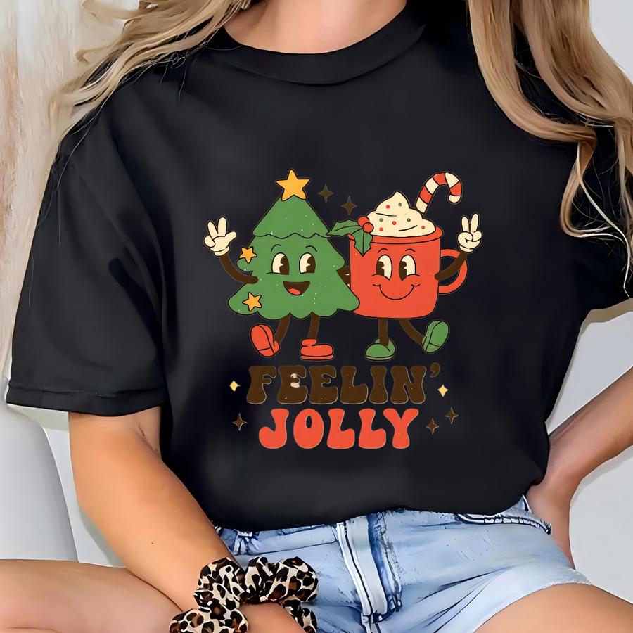 Feelin' Jolly Sweatshirt, Feelin Jolly Hoodie, Merry Christmas Hoodie, Retro Christmas Tree Clothing, Family Xmas Hoodies T-shirt