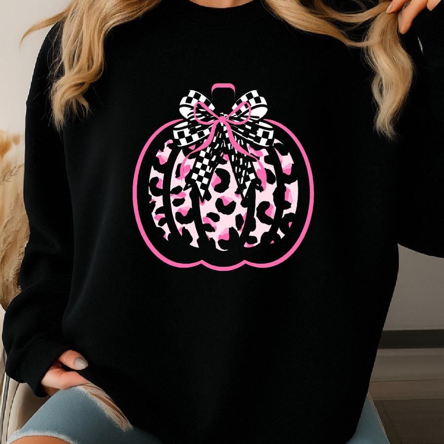 Black, Pink And White Leopard Pumpkin With Bows - Gildan 50/50 Preshrunk Sweatshirt, Fall, Autumn, Pretty, Checkered, Ribbon, Pumpkin Patch Sweatshirt