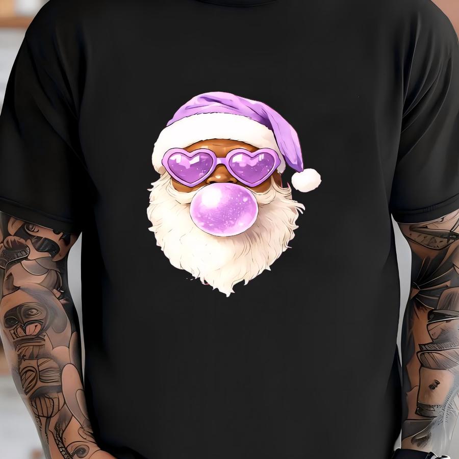 Youth Christmas Sweatshirt | Pink Santa Claus Sweatshirt | Retro Black Santa | Vintage Santa Bubble Sweatshirt Christmas Gift T-shirt