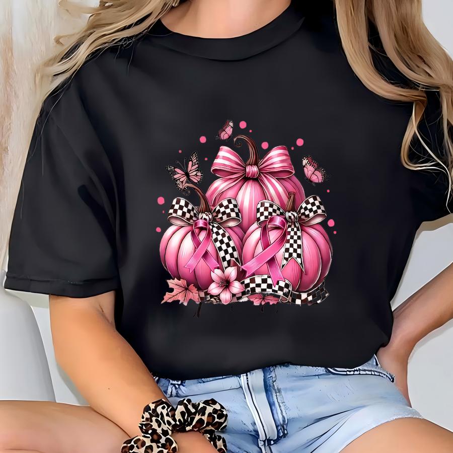 In October We Wear Pink Shirt, Retro Pumpkin Shirt, Breast Cancer Awareness Fighter, Coquette Pink Bow Ribbon Breast Cancer T-shirt