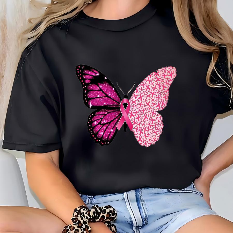 In October We Wear Pink Breast Cancer Shirt, Cancer Awareness Month Support Shirt, Butterfly Ribbon Motivational Gift T-shirt