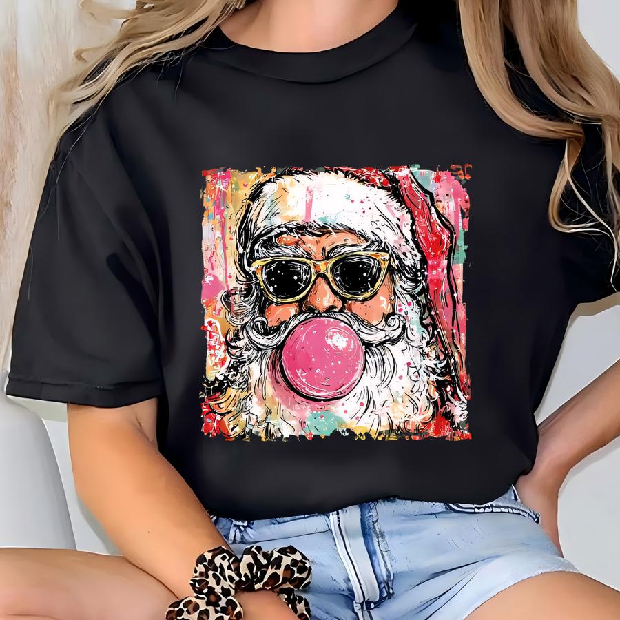 Preppy Santa Blowing Bubble Sweatshirt, Family Christmas Shirt, Funny Holiday Crewneck, Cute Santa Graphic Hoodie T-shirt
