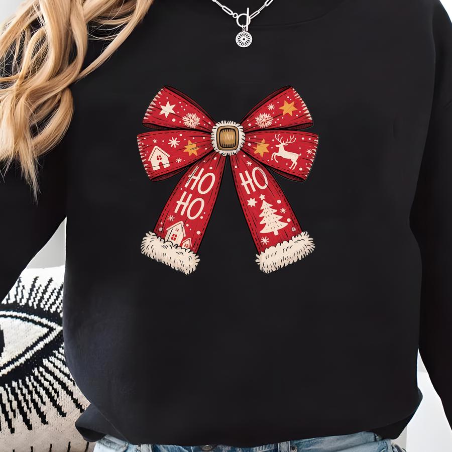 Funny Christmas Bow Shirt, Santa Clause Bow Shirt, Red Bow Christmas Sweatshirt, Christmas Fashion Top, Christmas Gift For Womens Sweatshirt