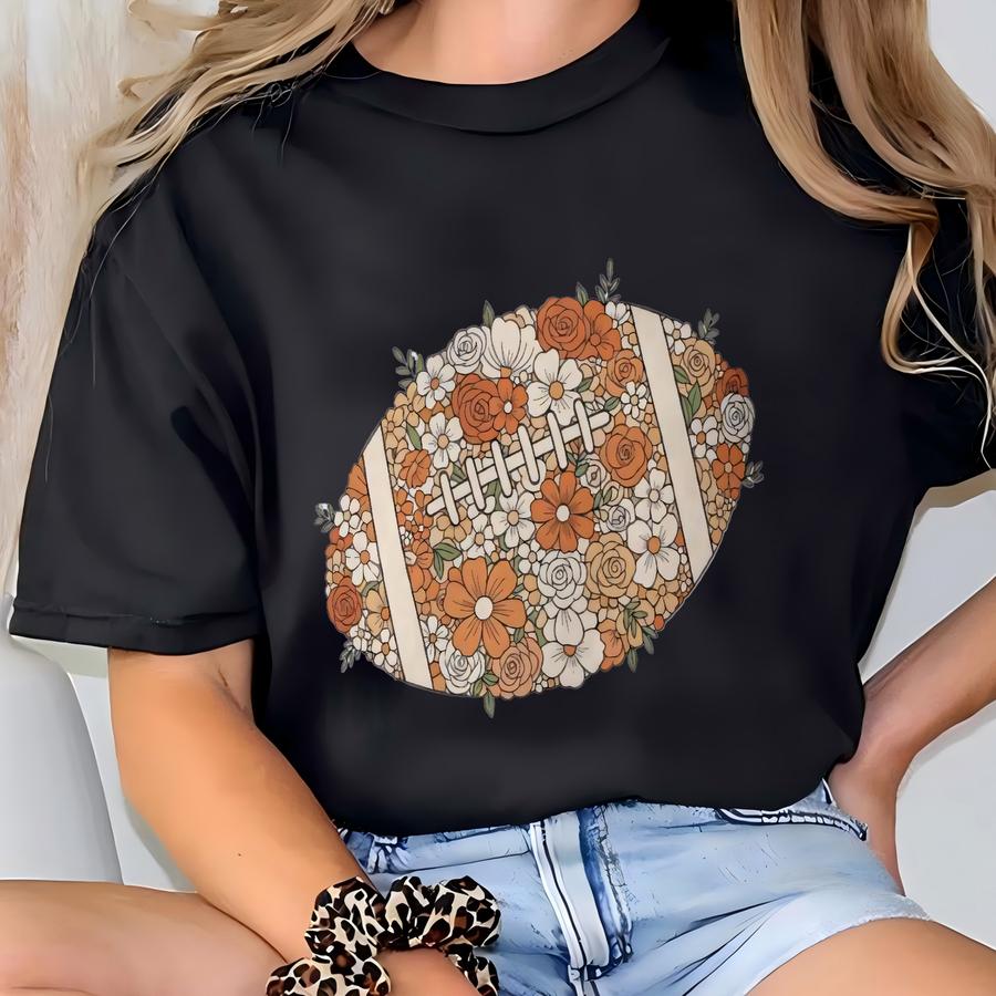 Floral Football Hoodie: Boho Game Day Tee, Soft Cotton T-shirt