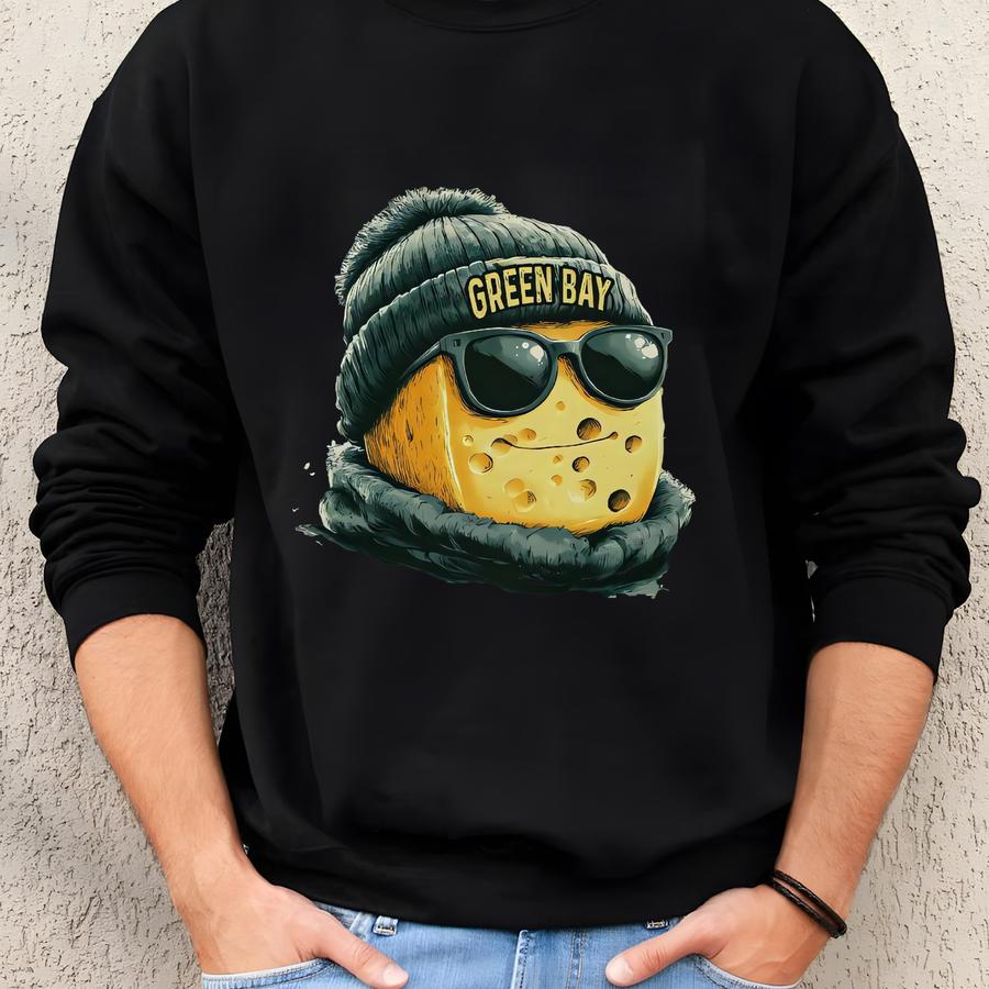 Green Bay Football Cheese Sweatshirt – Funny Cheesehead Fan Crewneck, Cool Cheese Block Graphic, Green Bay Sports Streetwear Pullover Sweatshirt