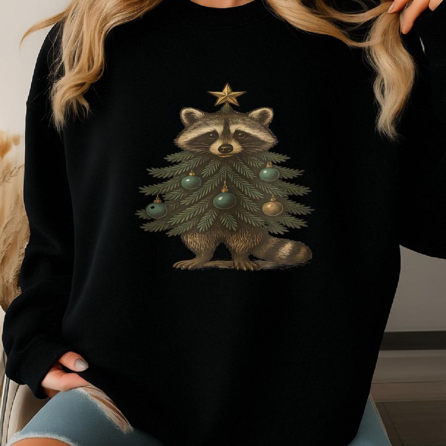 Raccoon Christmas Sweatshirt | Funny Holiday Pullover | Animal Tree Crewneck For Men Women Sweatshirt